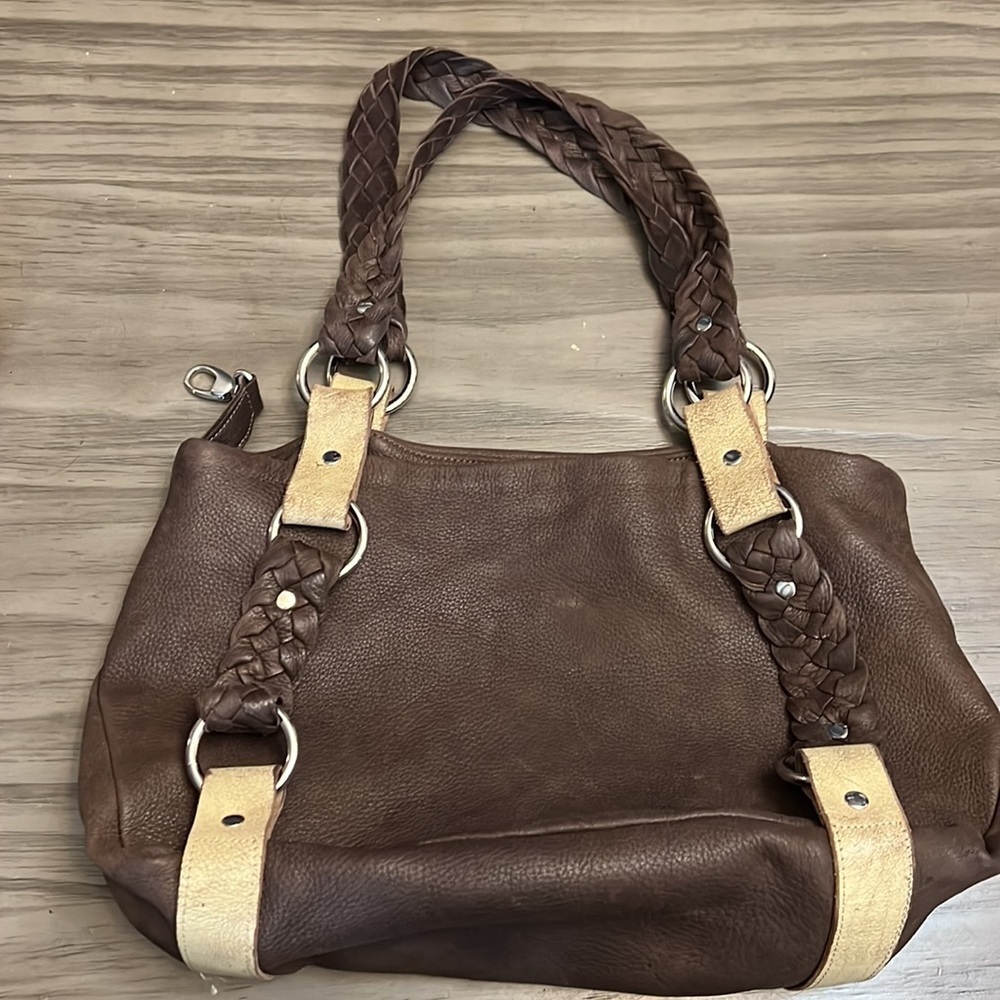 Y2K TYLIE MALIBU LEATHER BRAIDED HANDLE CREAM & BROWN SHOULDER BAG - Picture 5 of 16